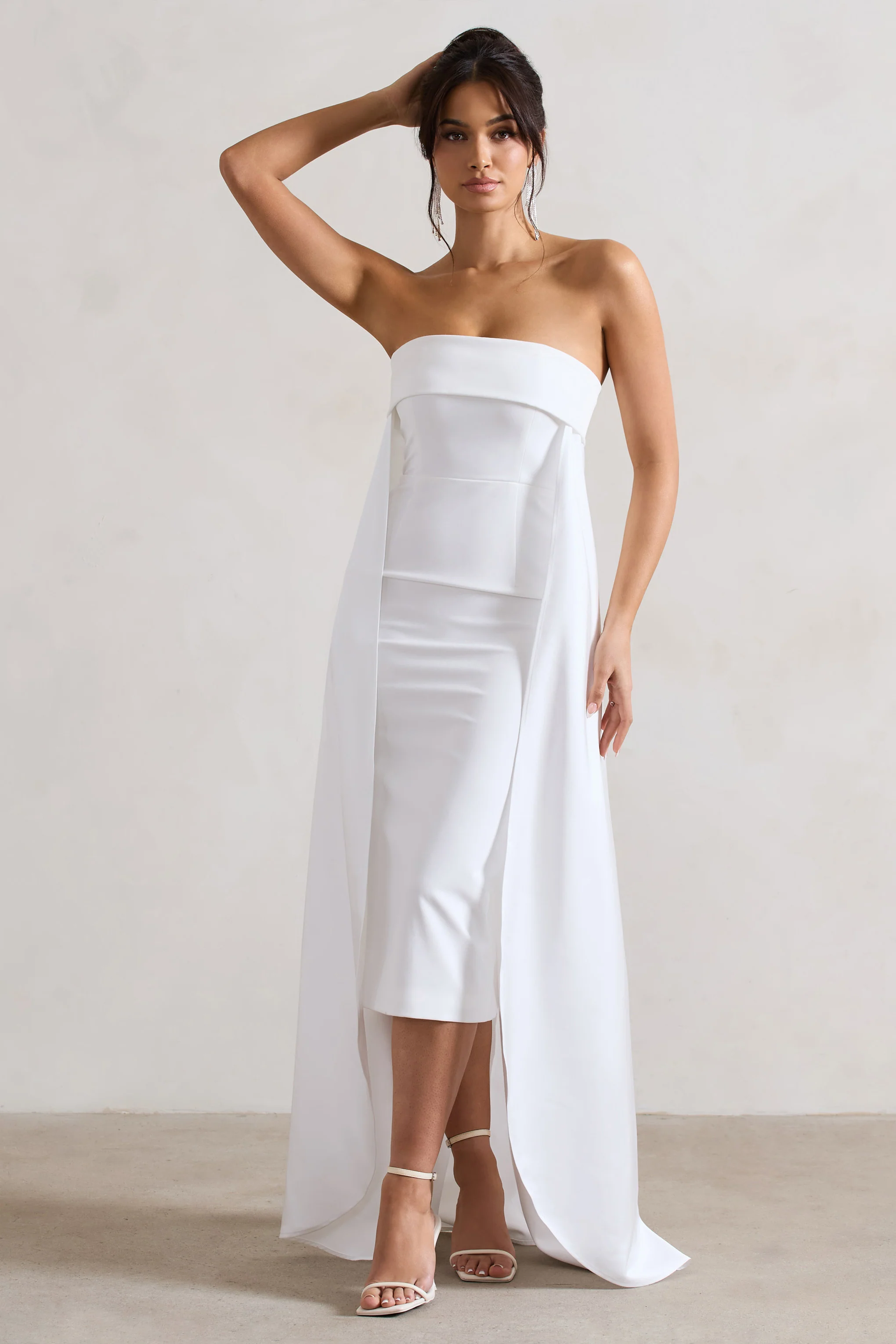 Save The Date | Cream Bandeau Midi Dress With Train - Image 4
