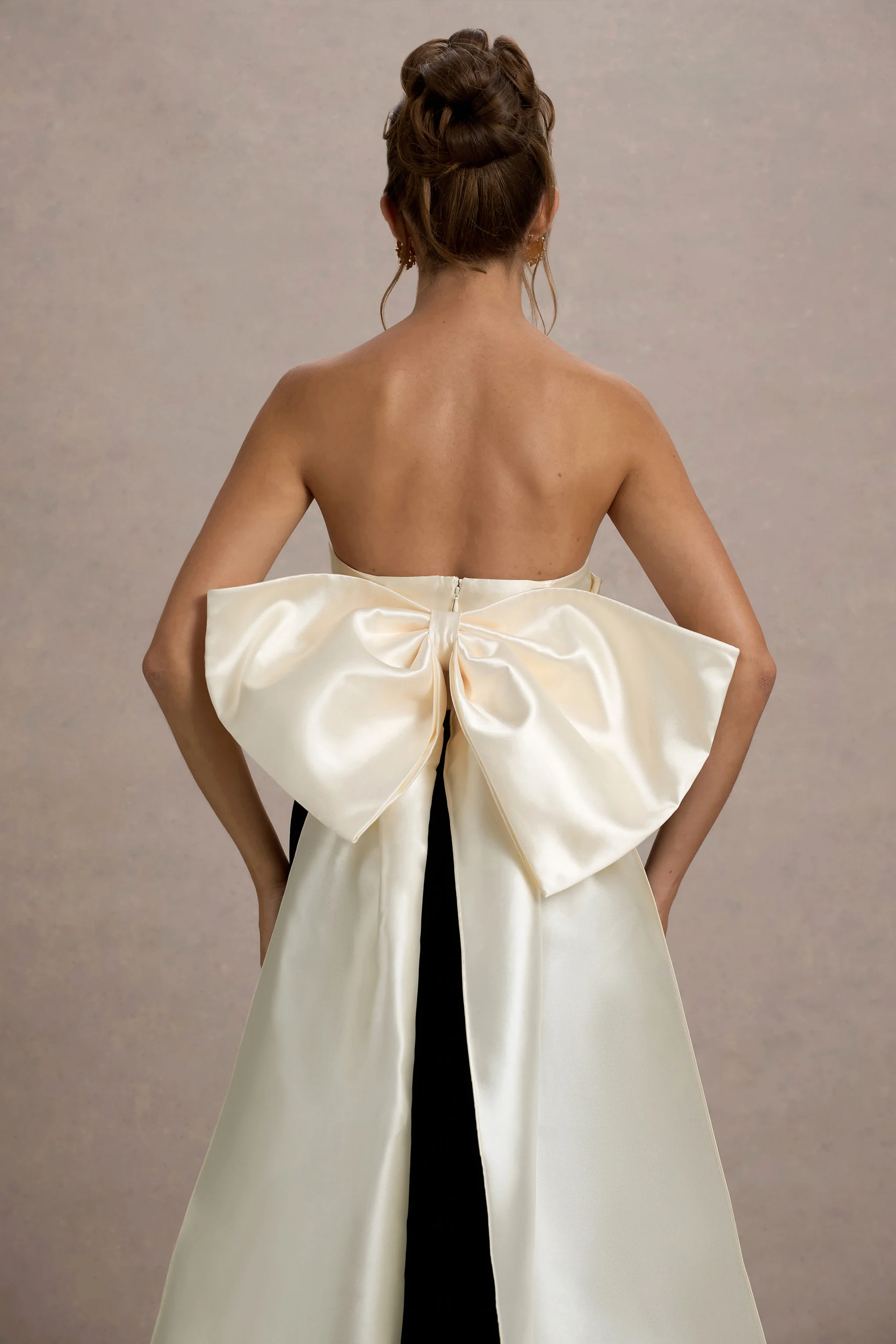 Take A Bow | Black & Cream Velvet Strapless Maxi Dress With Oversized Bow - Image 3