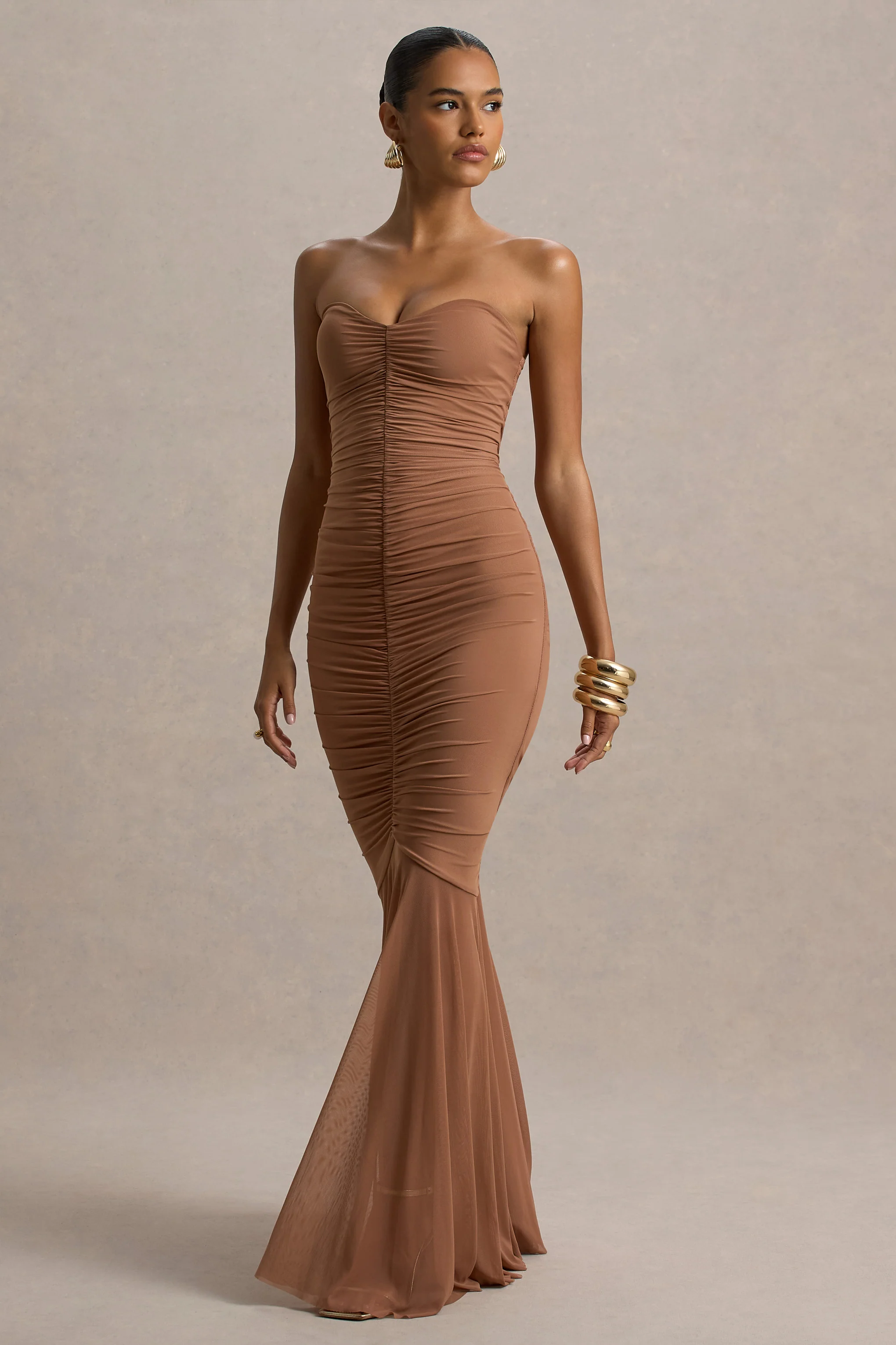 Talisa | Mocha Bandeau Ruched Maxi Dress With Mesh Fishtail - Image 3