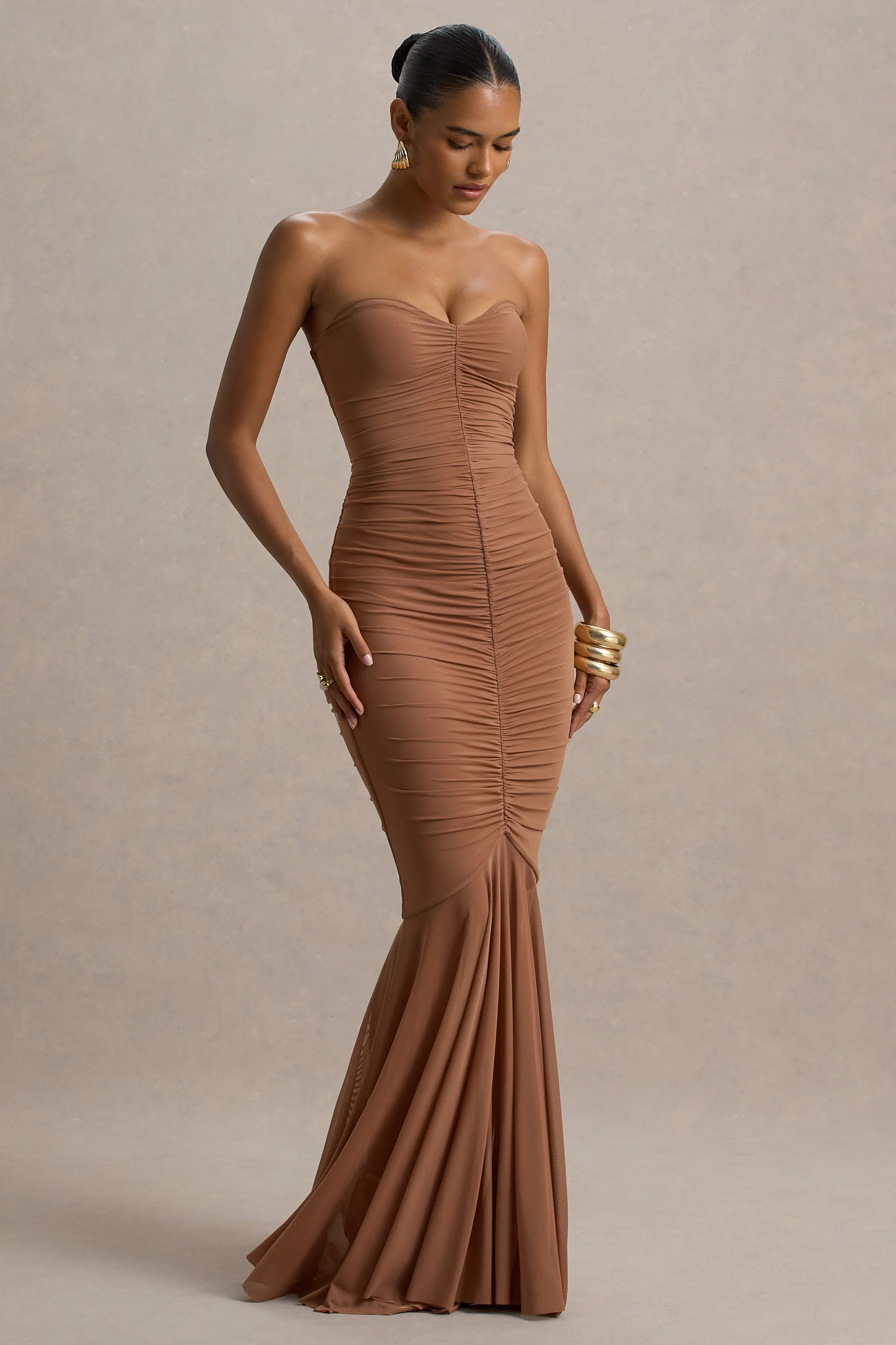 Talisa | Mocha Bandeau Ruched Maxi Dress With Mesh Fishtail - Image 4