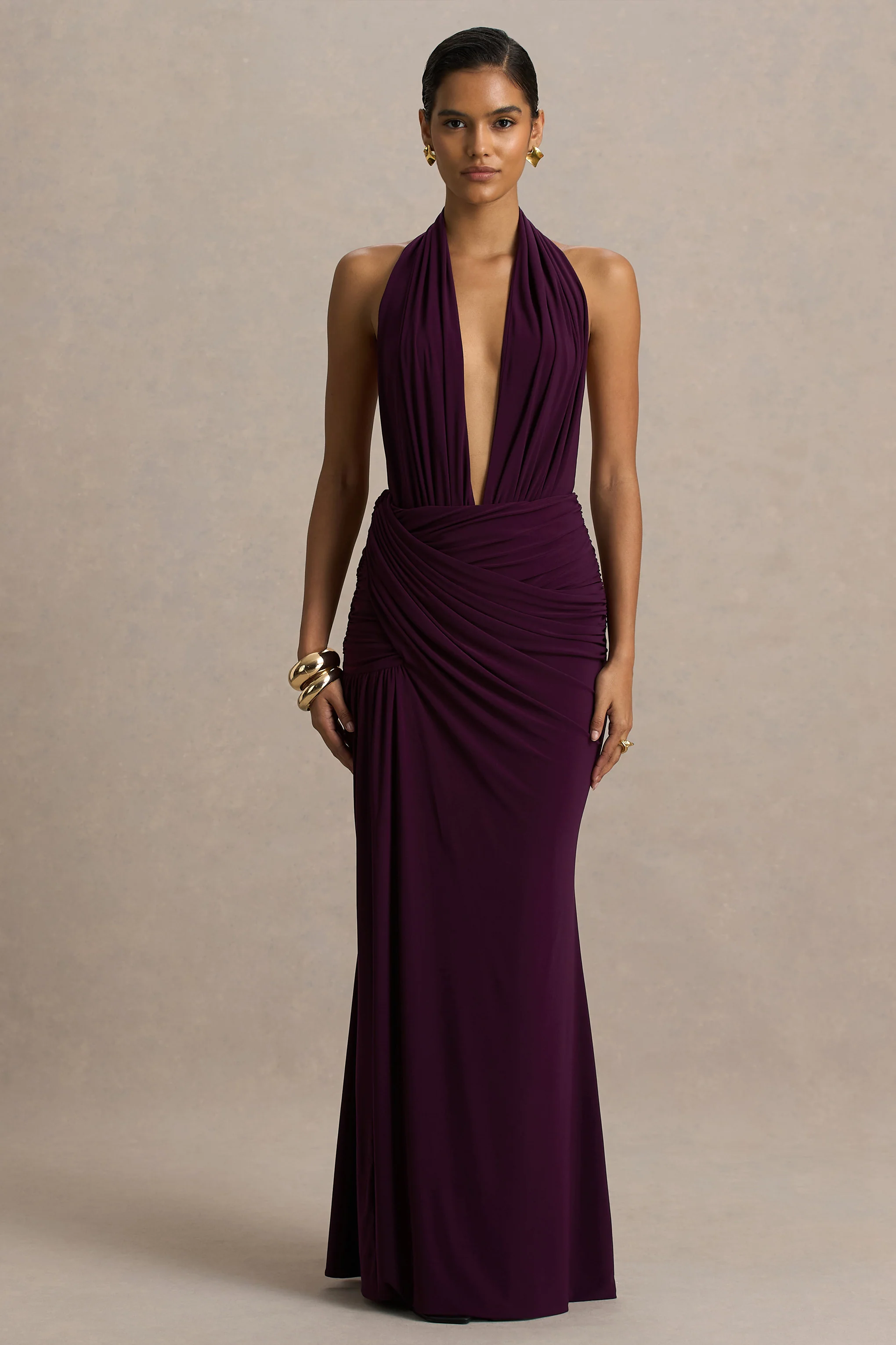 Tilly | Burgundy Extreme Plunge-Neck Maxi Dress With Wrap And Ruched Details - Image 5
