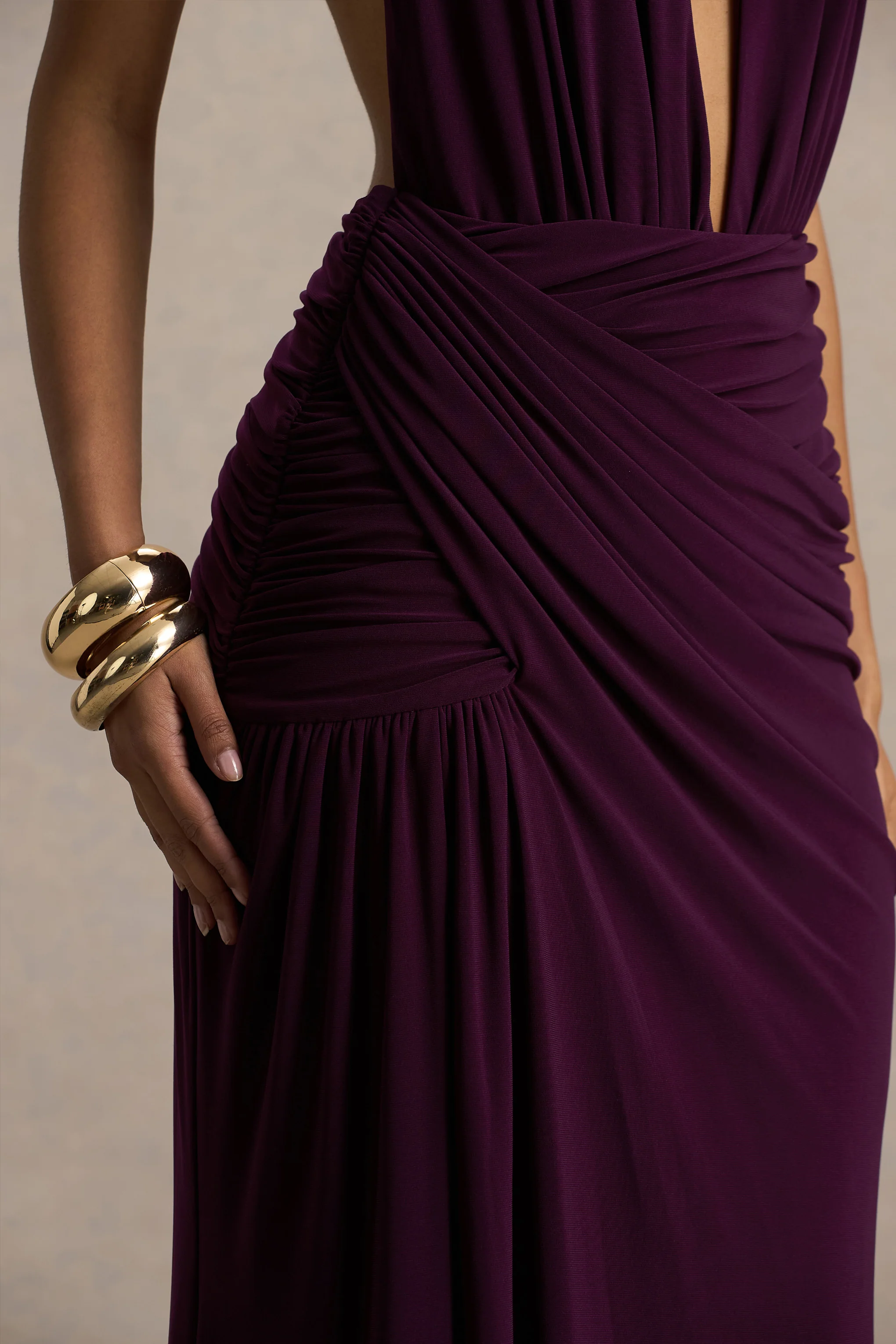 Tilly | Burgundy Extreme Plunge-Neck Maxi Dress With Wrap And Ruched Details - Image 7