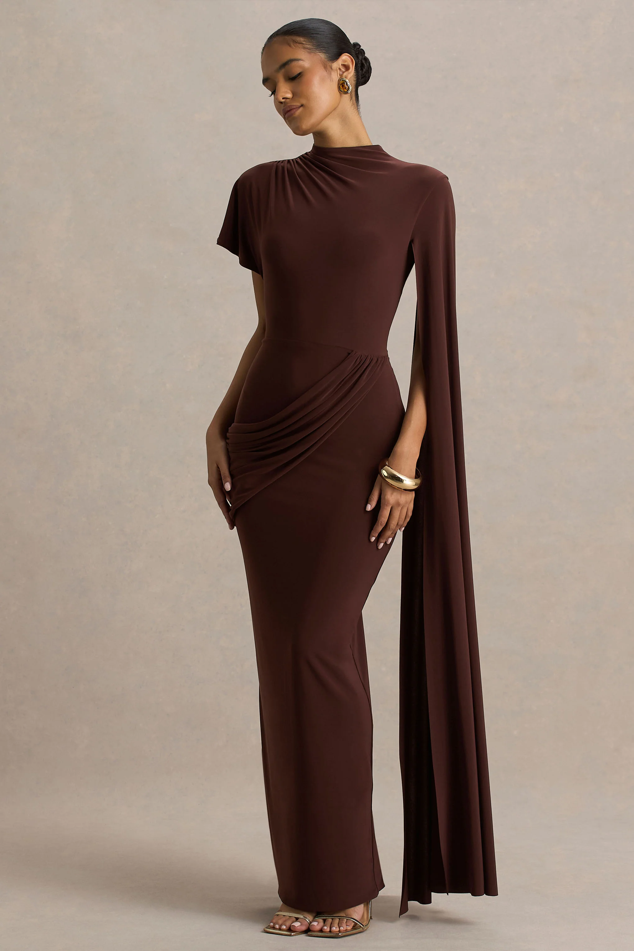 Tropic | Brown High-Neck Maxi With Long Cape Sleeve - Image 4