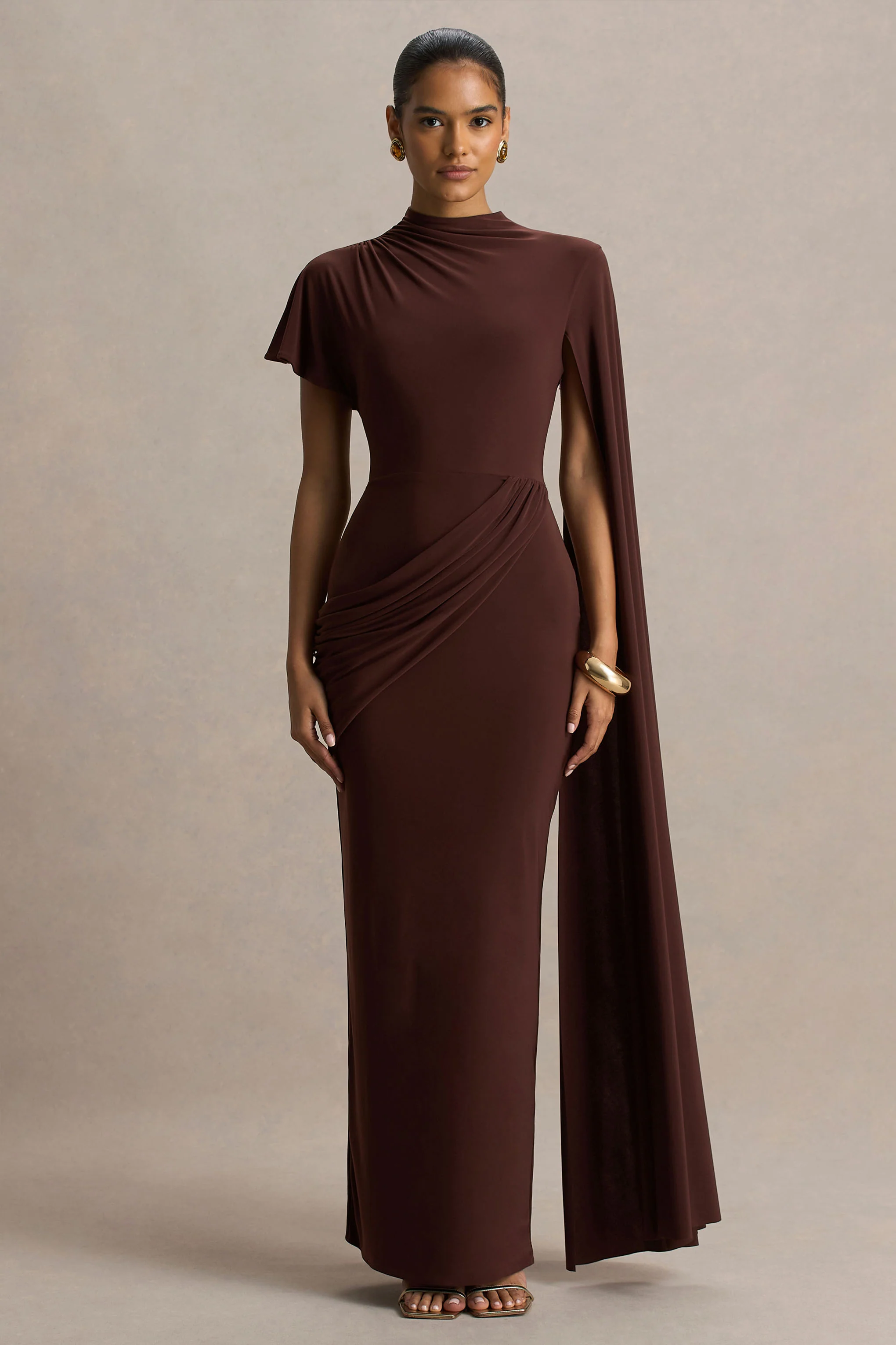 Tropic | Brown High-Neck Maxi With Long Cape Sleeve - Image 5
