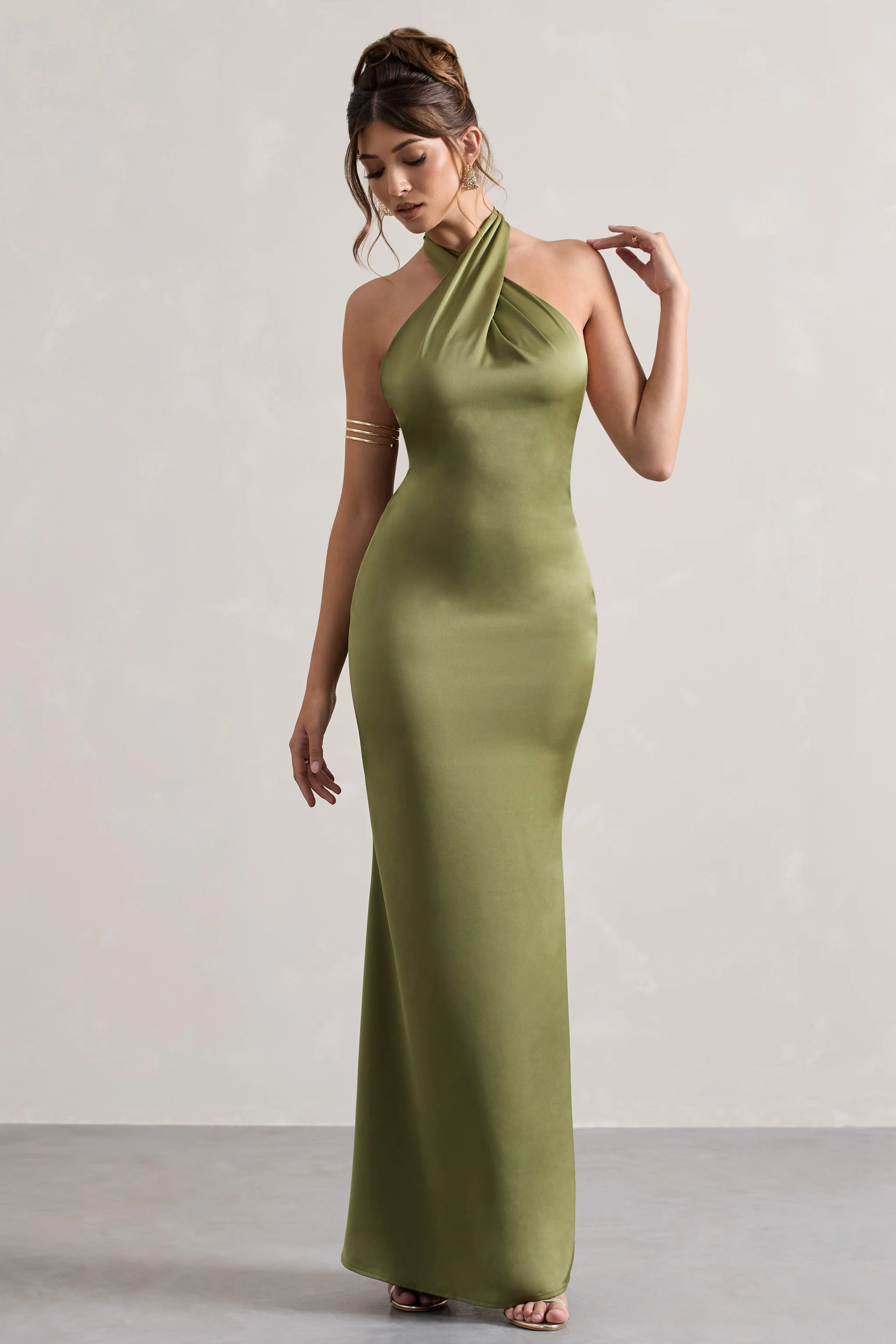 Unbeatable | Olive Satin Cross Over Halter-Neck Maxi Dress - Image 4