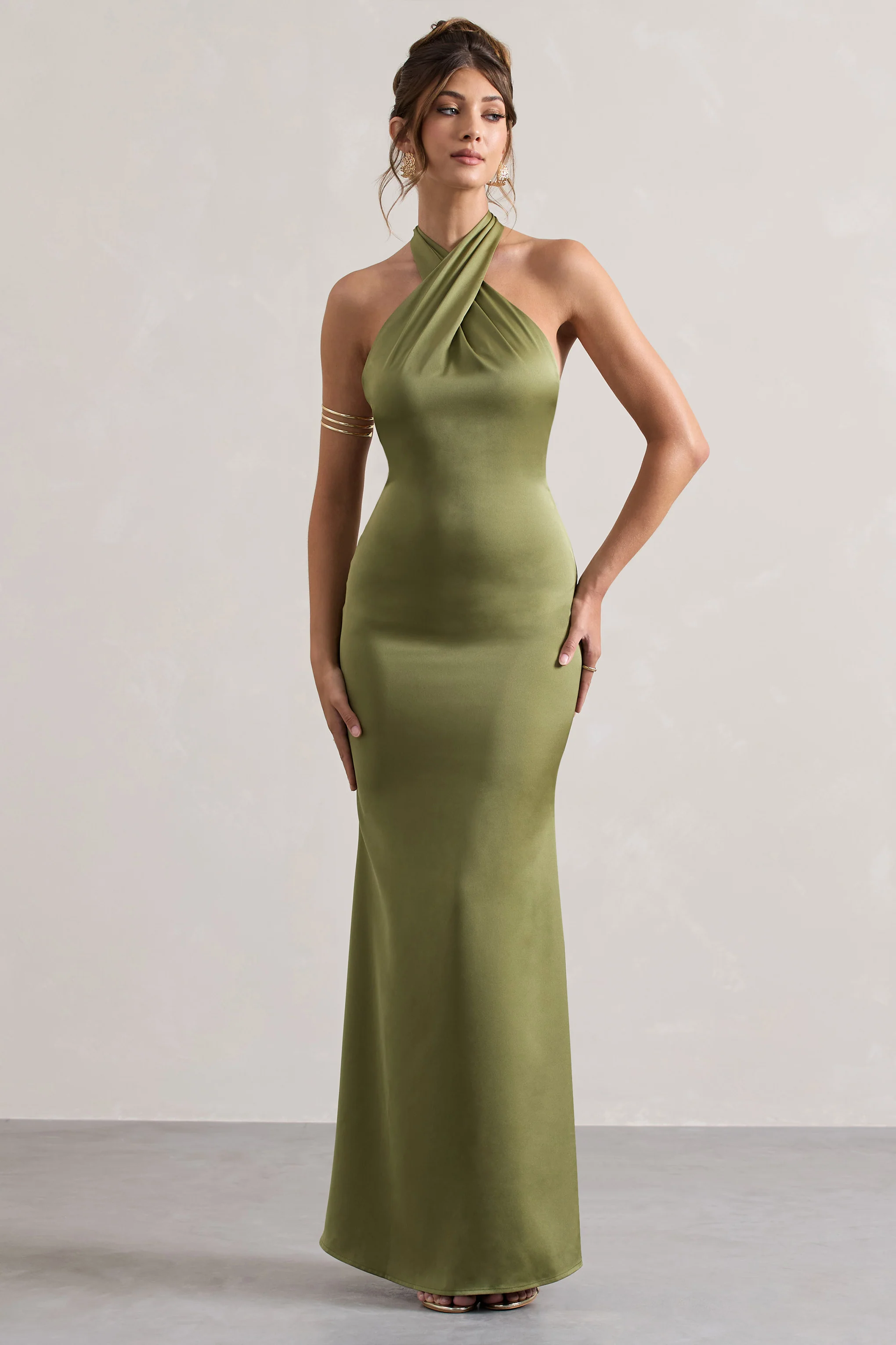 Unbeatable | Olive Satin Cross Over Halter-Neck Maxi Dress - Image 5