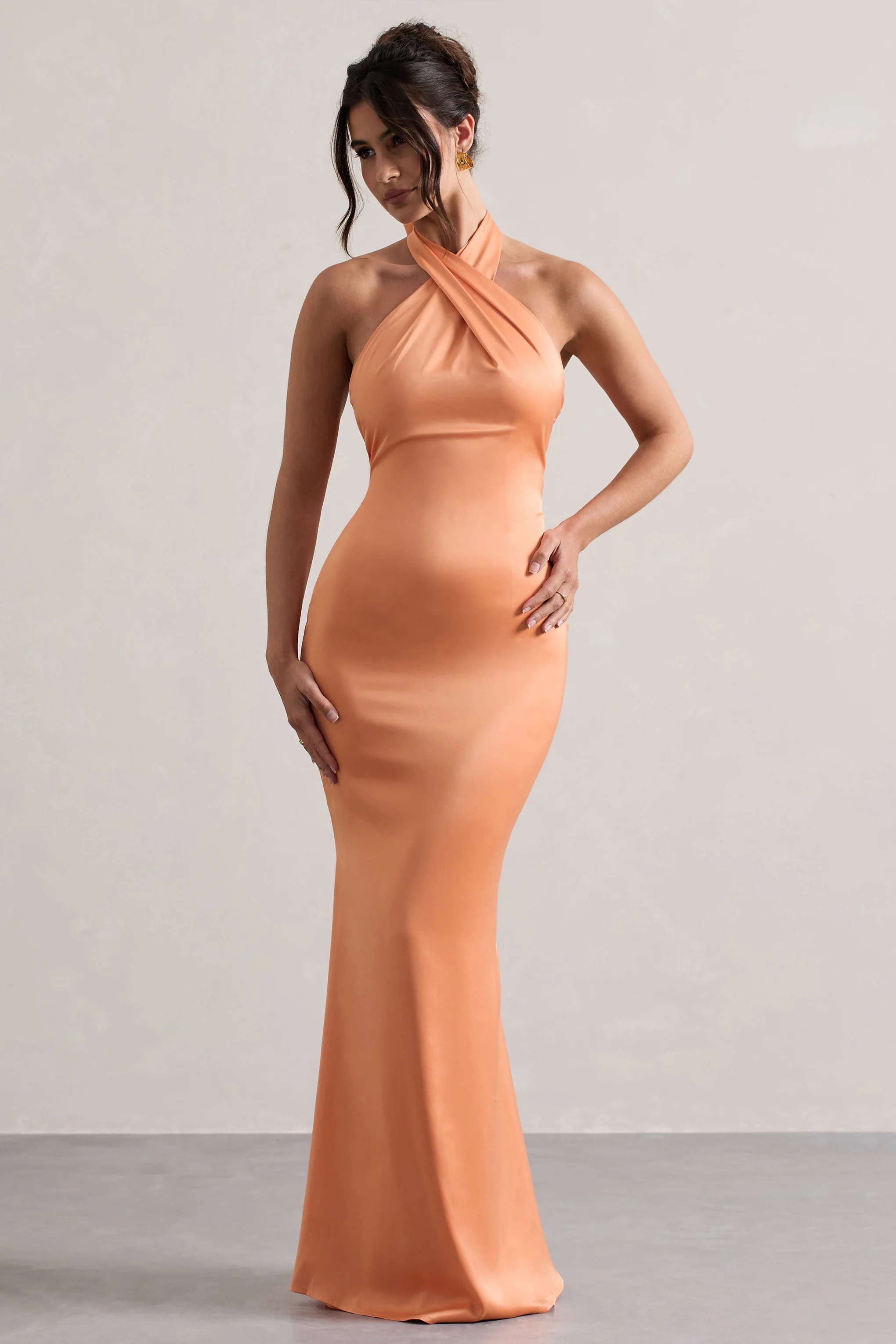 Unbeatable | Peach Satin Cross Over Halter-Neck Maxi Dress - Image 4