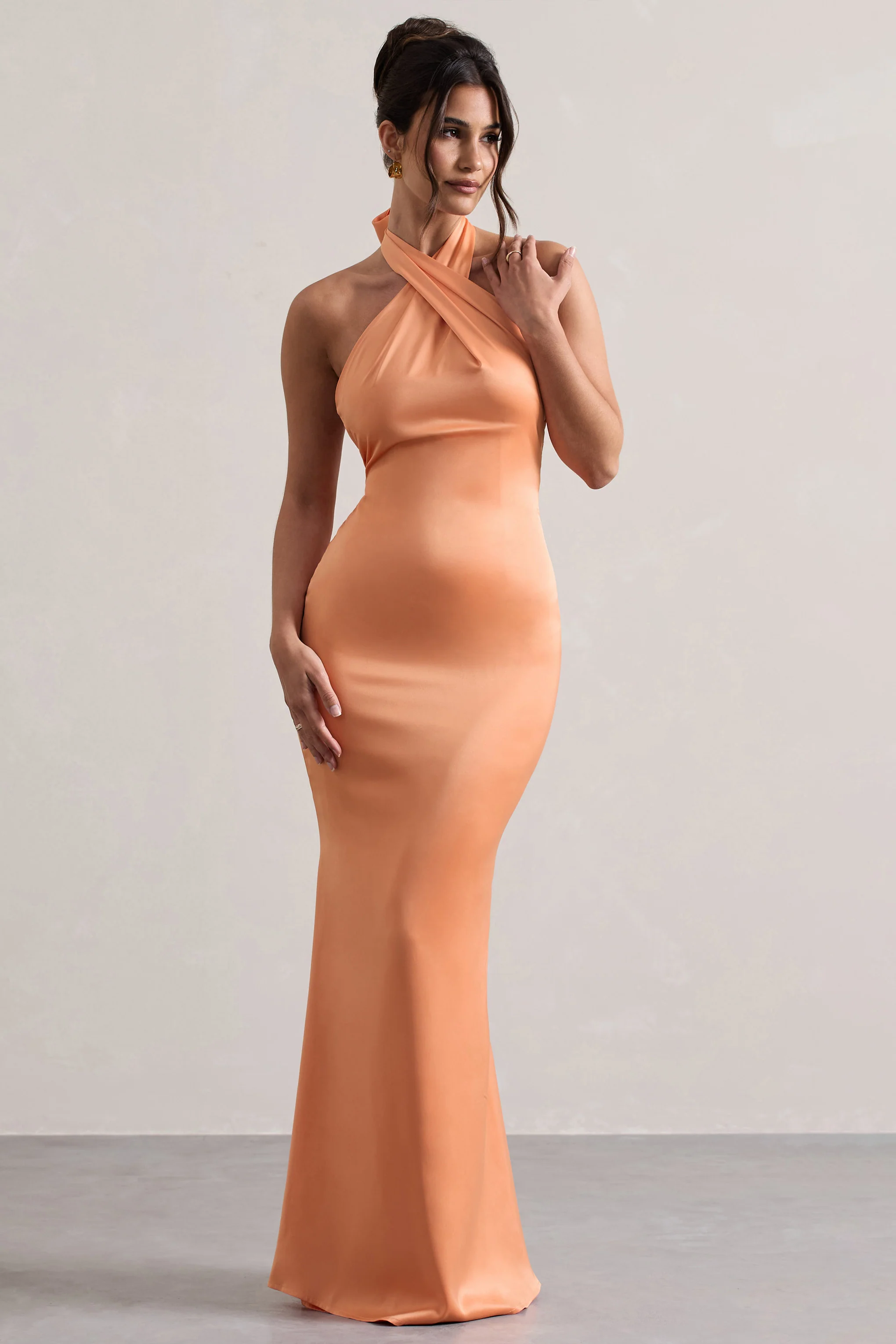 Unbeatable | Peach Satin Cross Over Halter-Neck Maxi Dress - Image 5