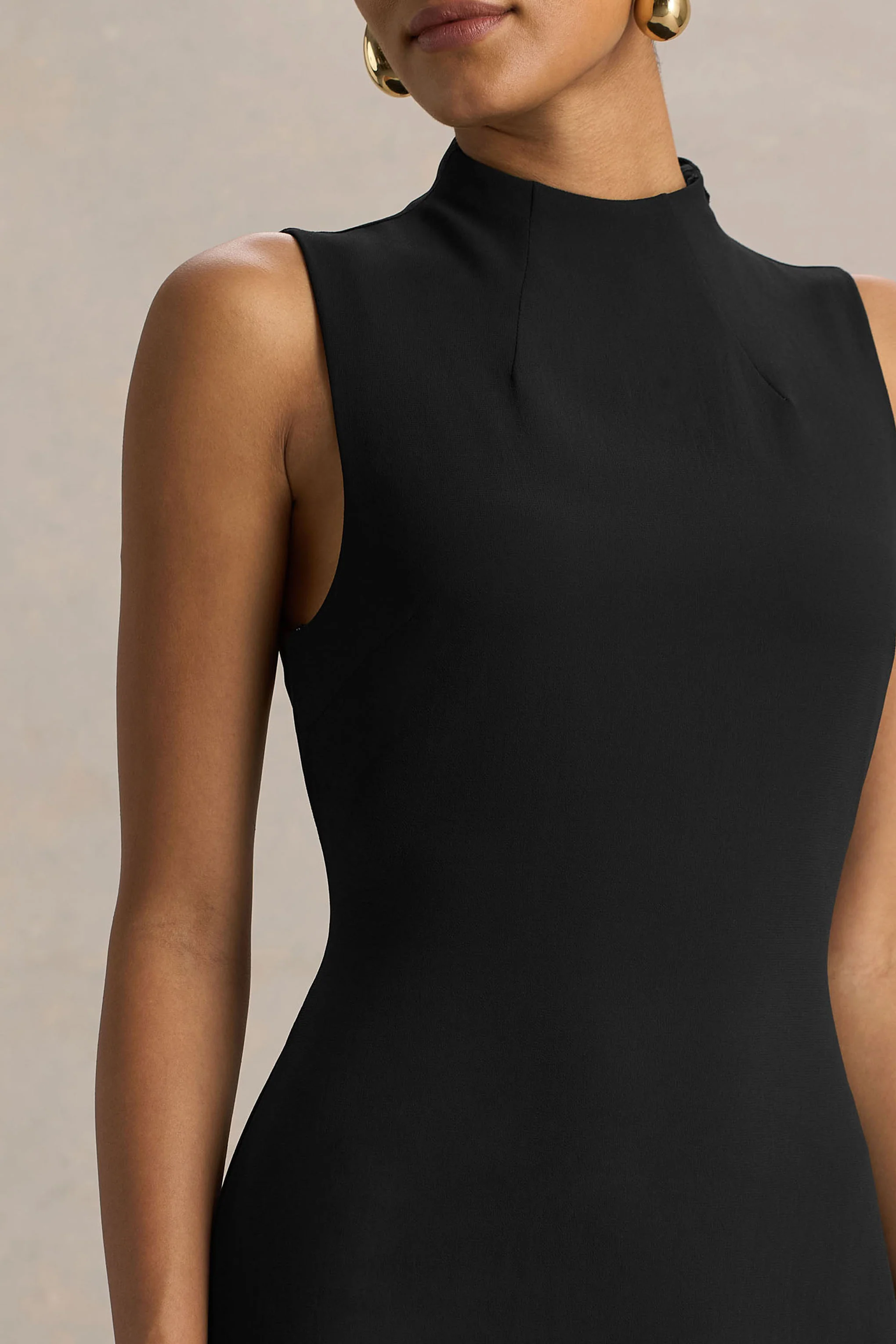 Unpredictable | Black High-Neck Maxi Dress With Back Cape Detail - Image 3