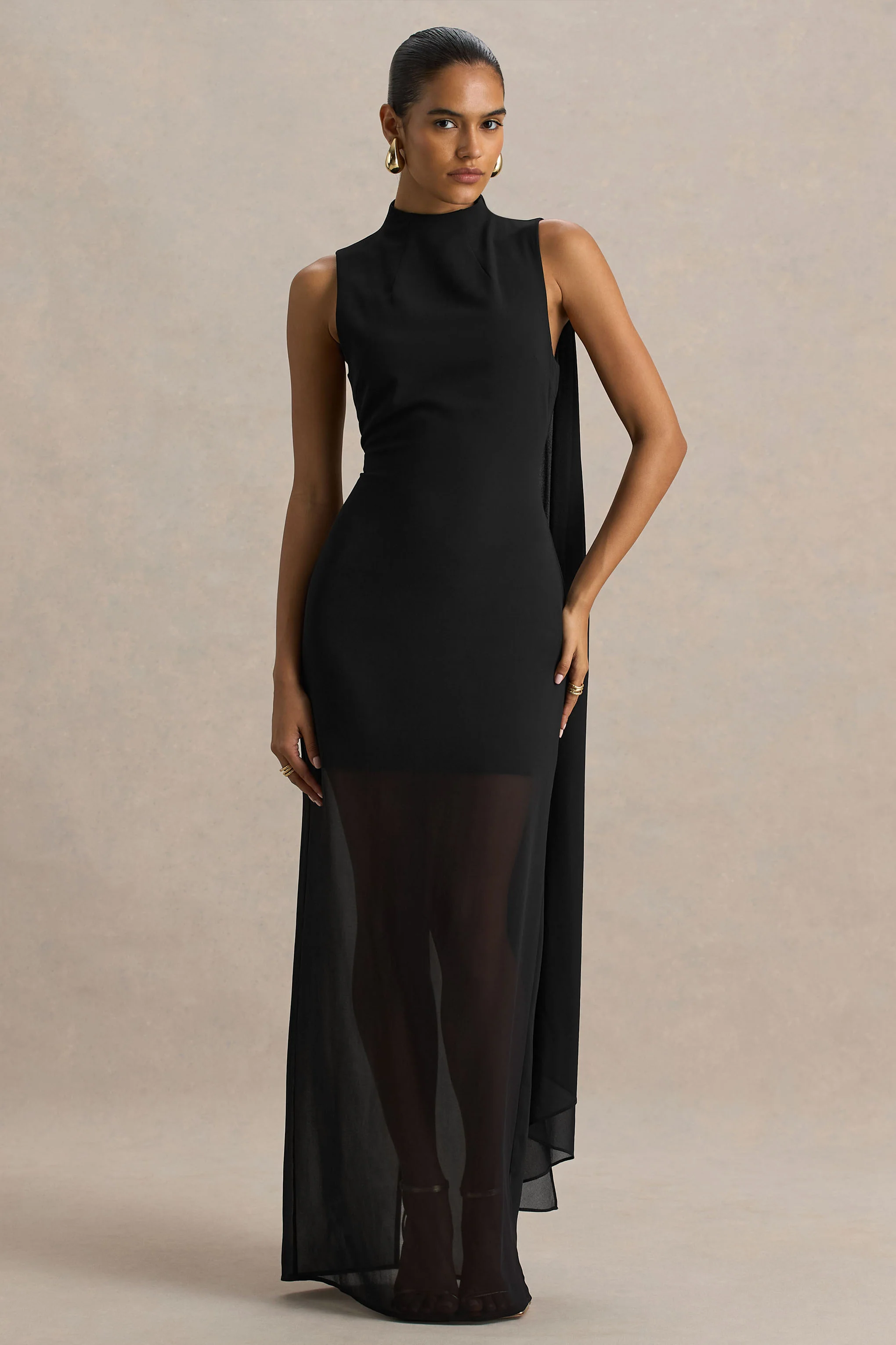 Unpredictable | Black High-Neck Maxi Dress With Back Cape Detail - Image 4