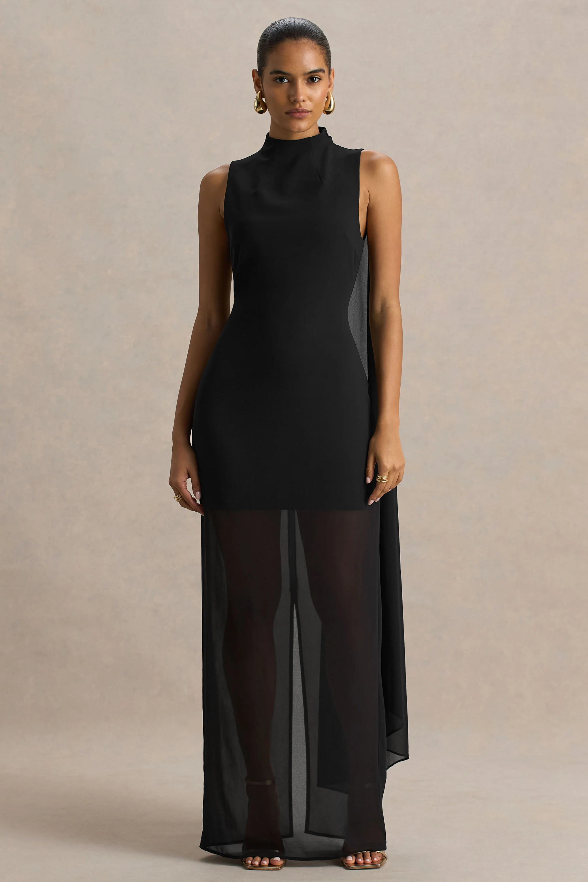 Unpredictable | Black High-Neck Maxi Dress With Back Cape Detail - Image 5