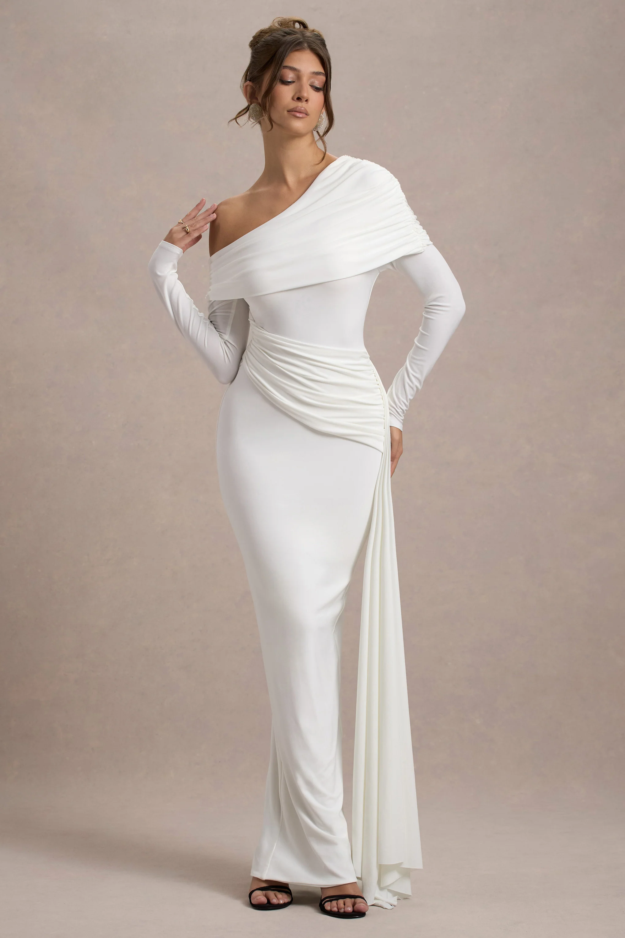 Valina | White Ruched Asymmetric Maxi Dress With Drape - Image 4