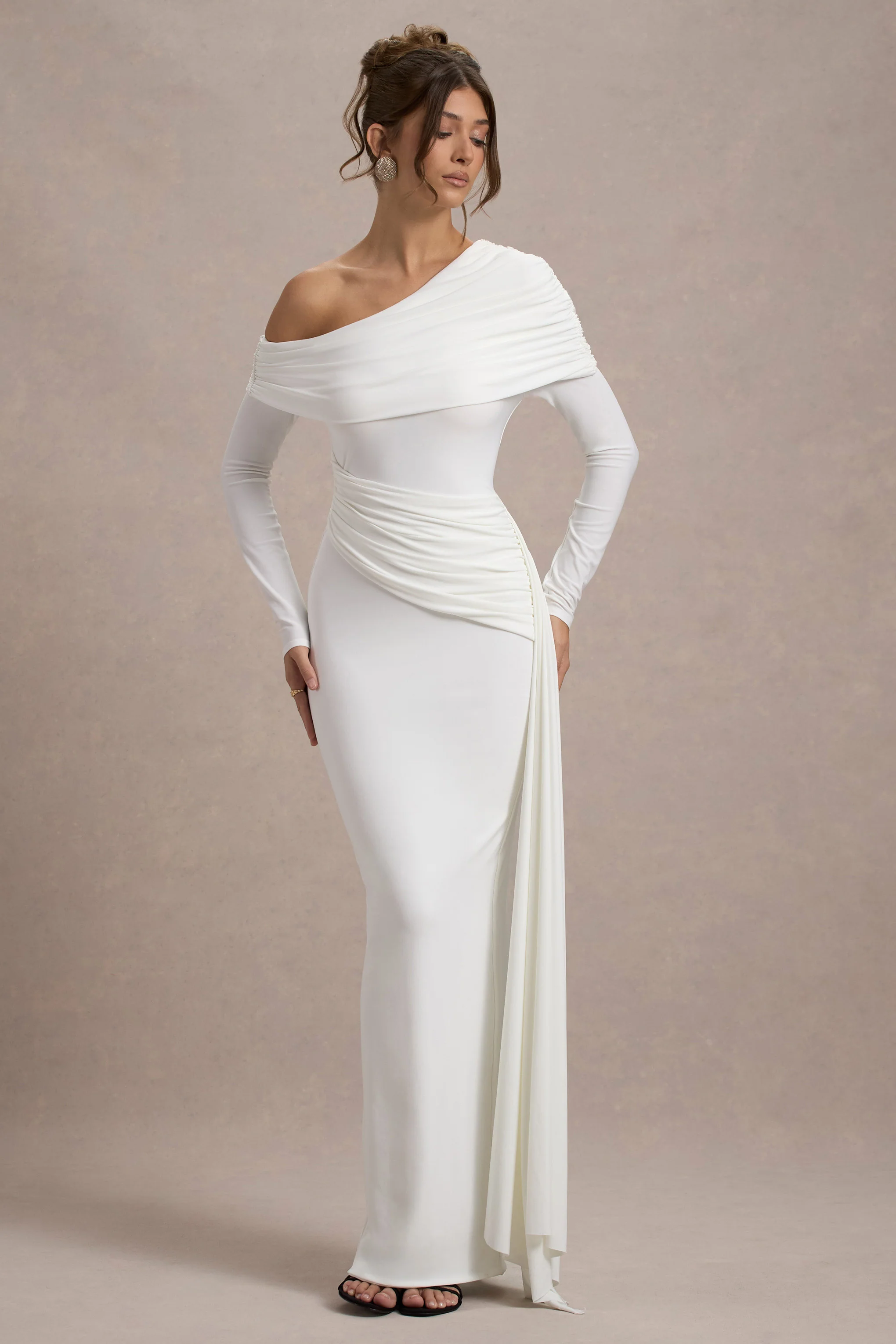 Valina | White Ruched Asymmetric Maxi Dress With Drape - Image 5