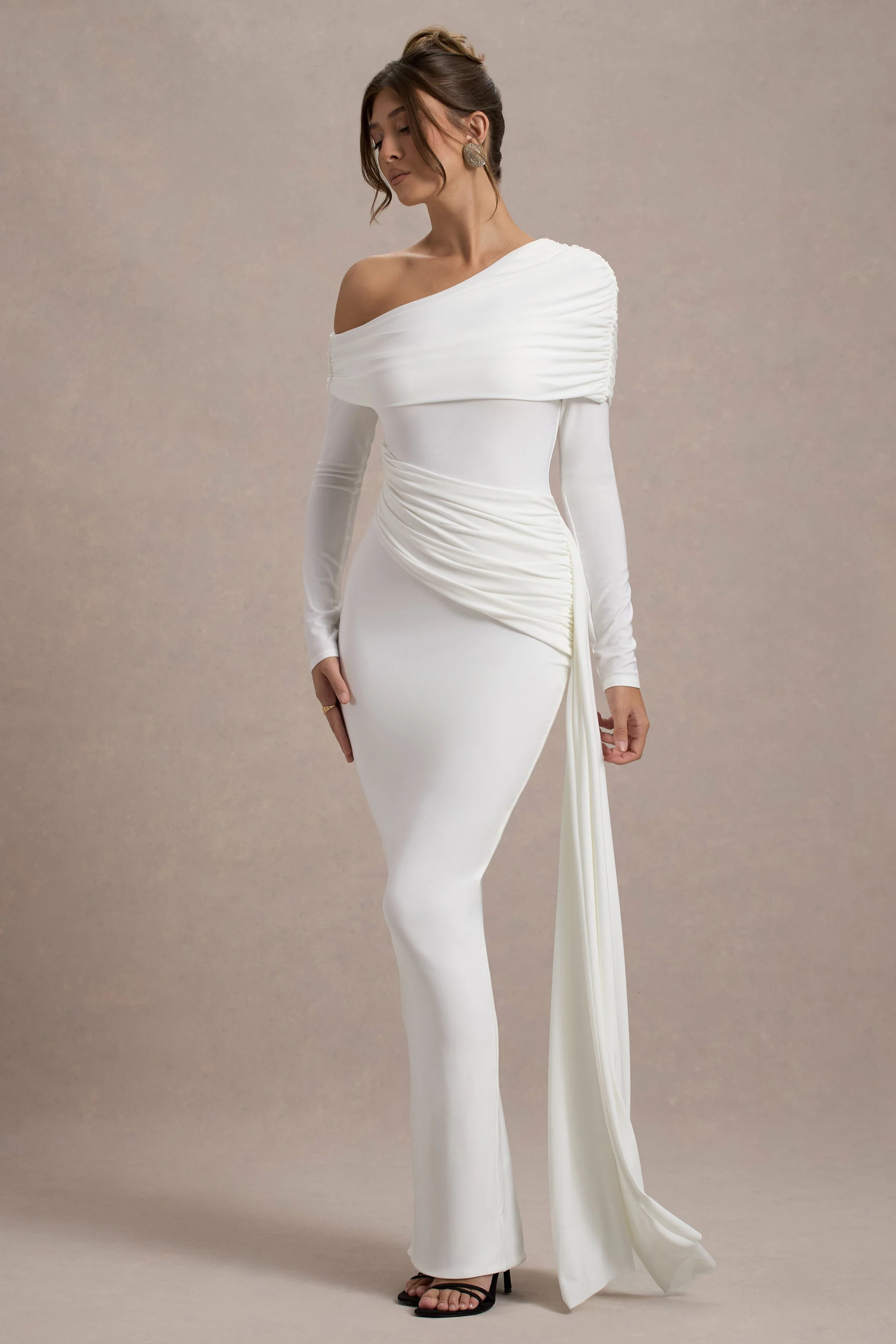 Valina | White Ruched Asymmetric Maxi Dress With Drape - Image 6