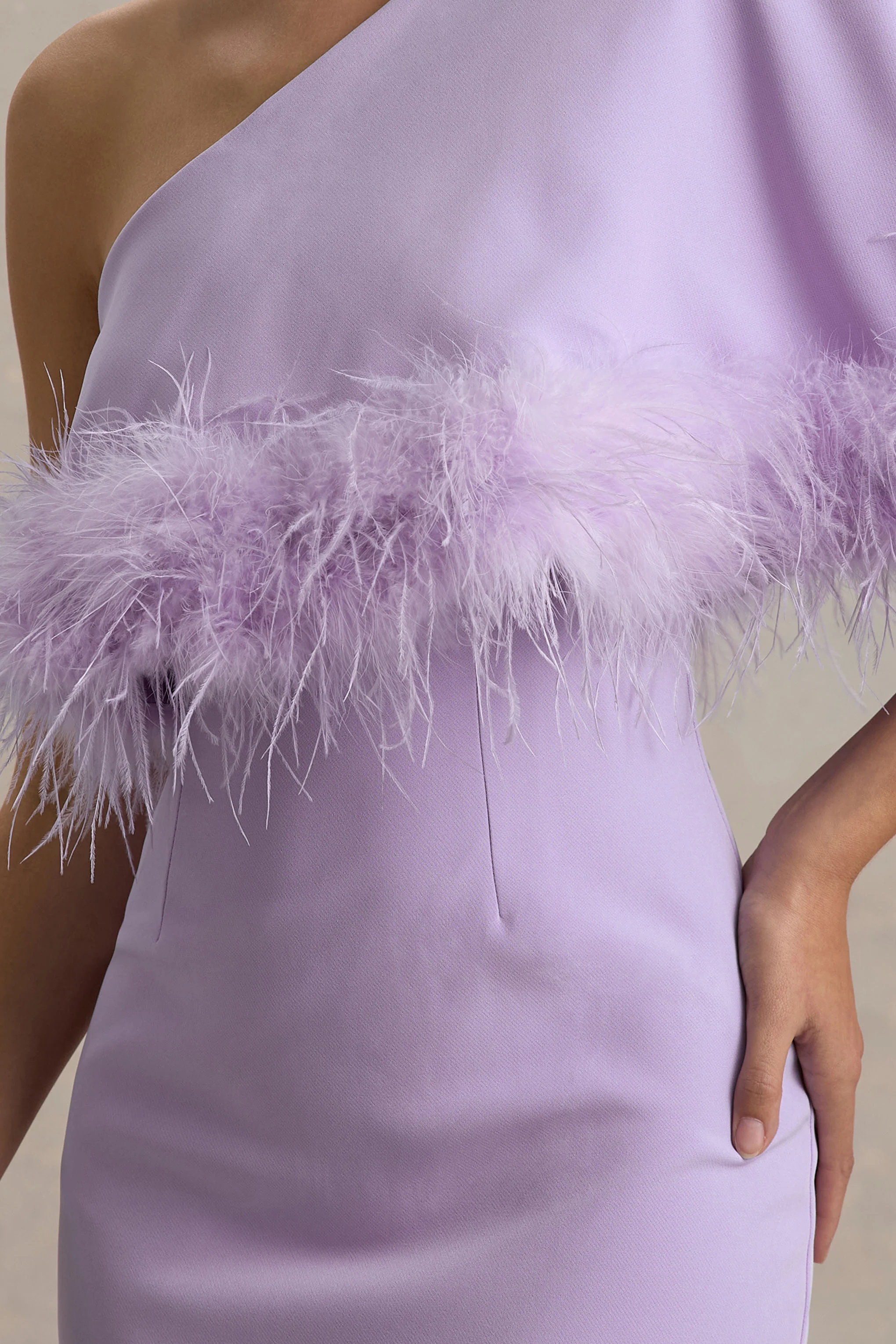 Victory | Lilac One Shoulder Midi Dress With Feather Trim - Image 3