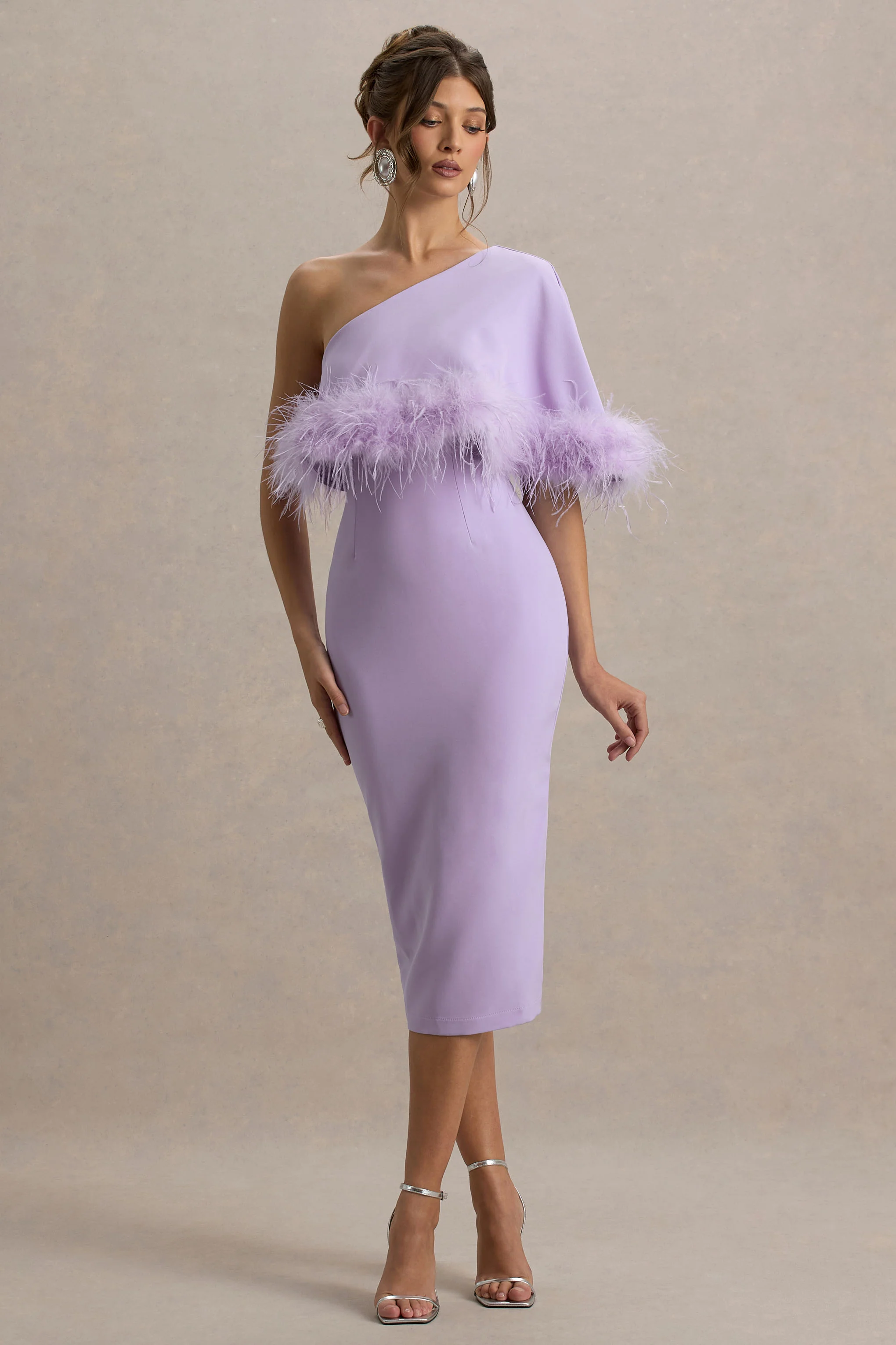 Victory | Lilac One Shoulder Midi Dress With Feather Trim - Image 4