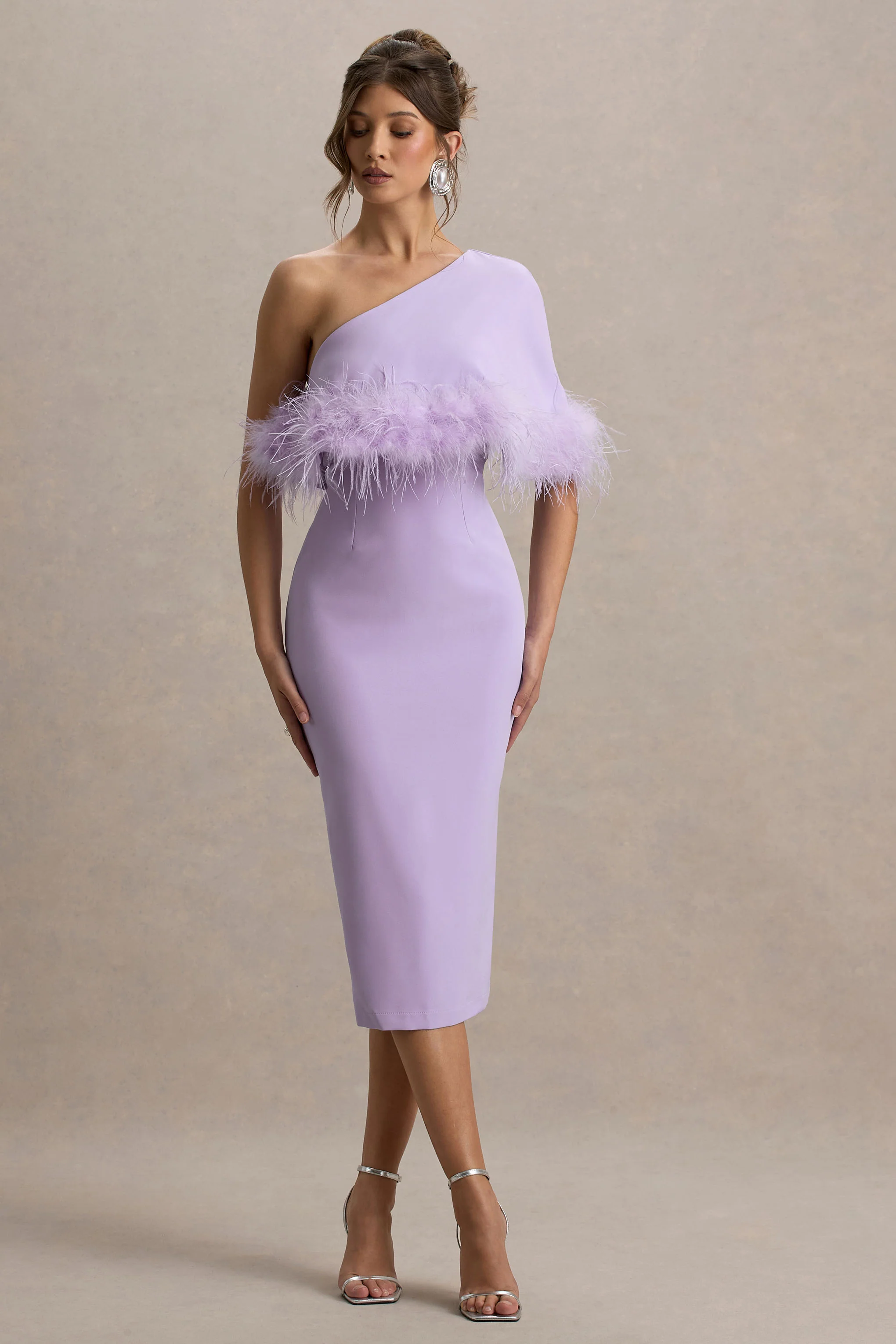 Victory | Lilac One Shoulder Midi Dress With Feather Trim - Image 5