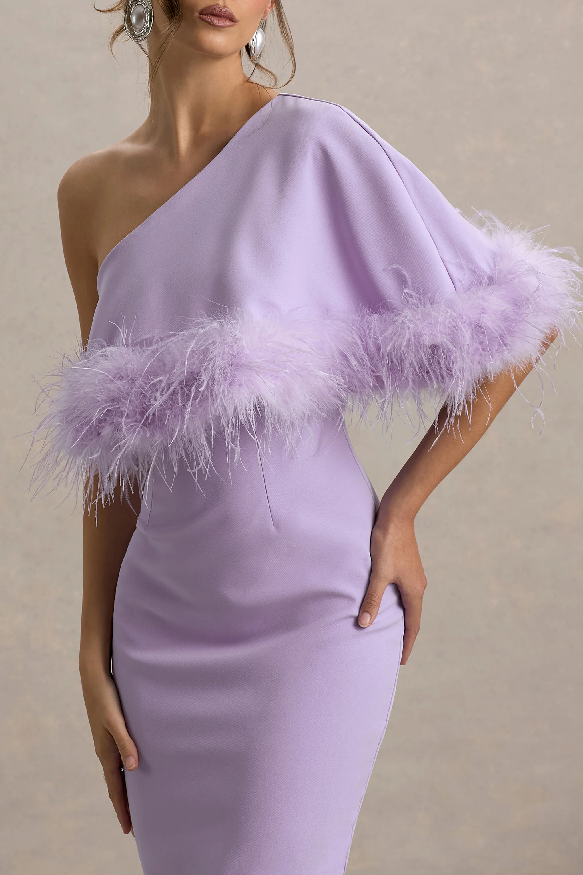 Victory | Lilac One Shoulder Midi Dress With Feather Trim - Image 6