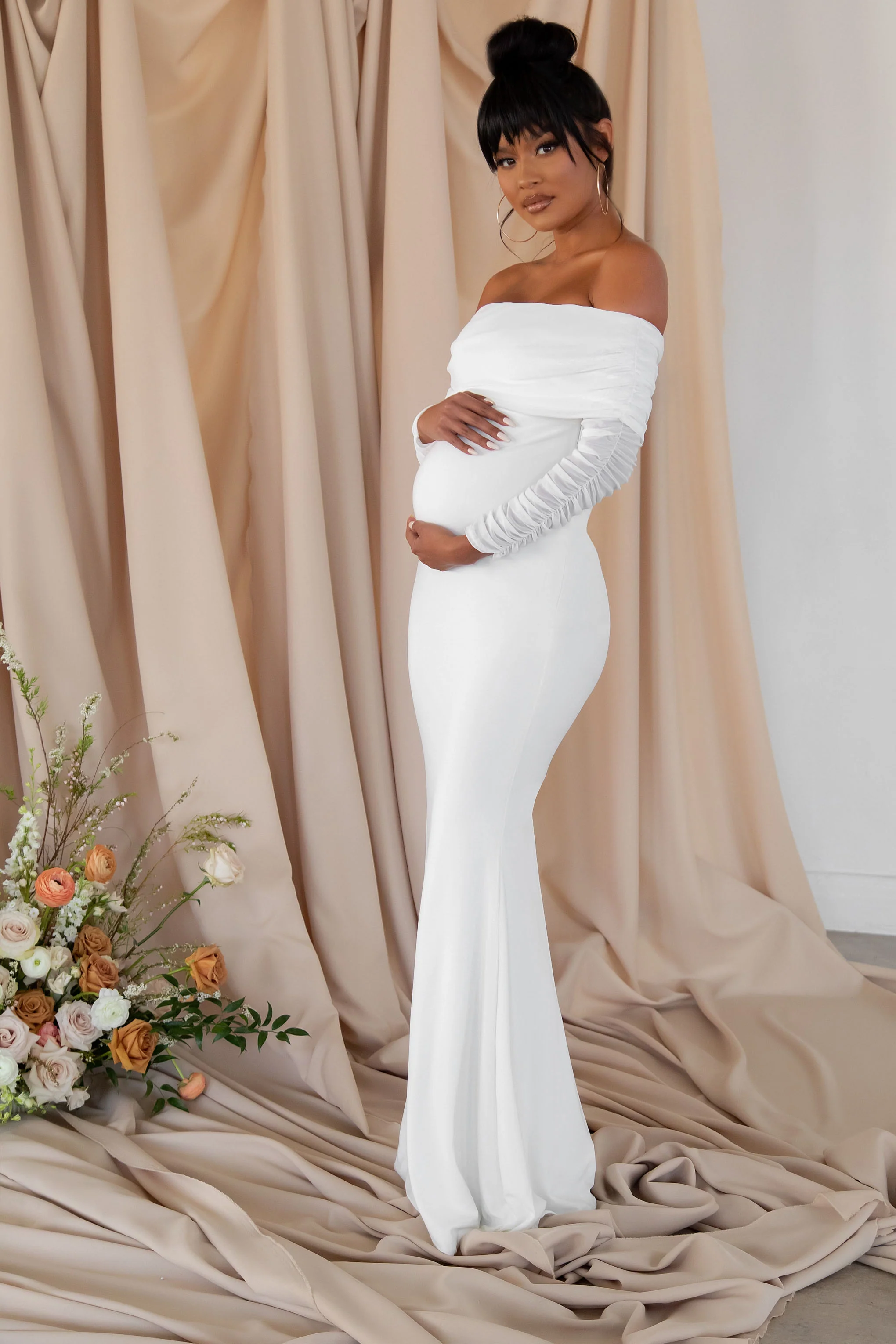 Pretty Perfect | White Maternity Ruched Mesh Bardot Maxi Dress - Image 4