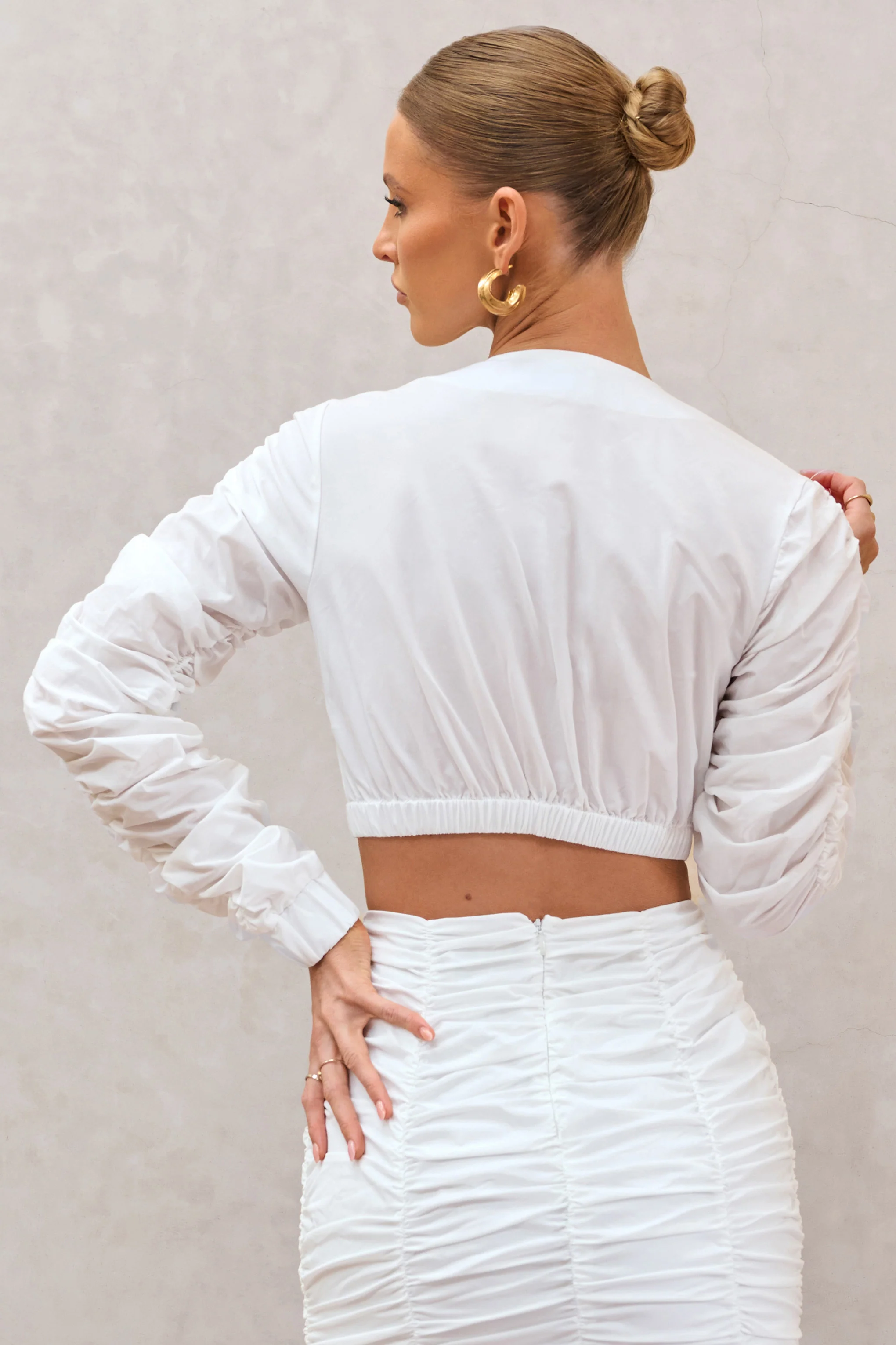 Sundown | White Ruched Sleeve Wrap Detail Cropped Shirt - Image 3
