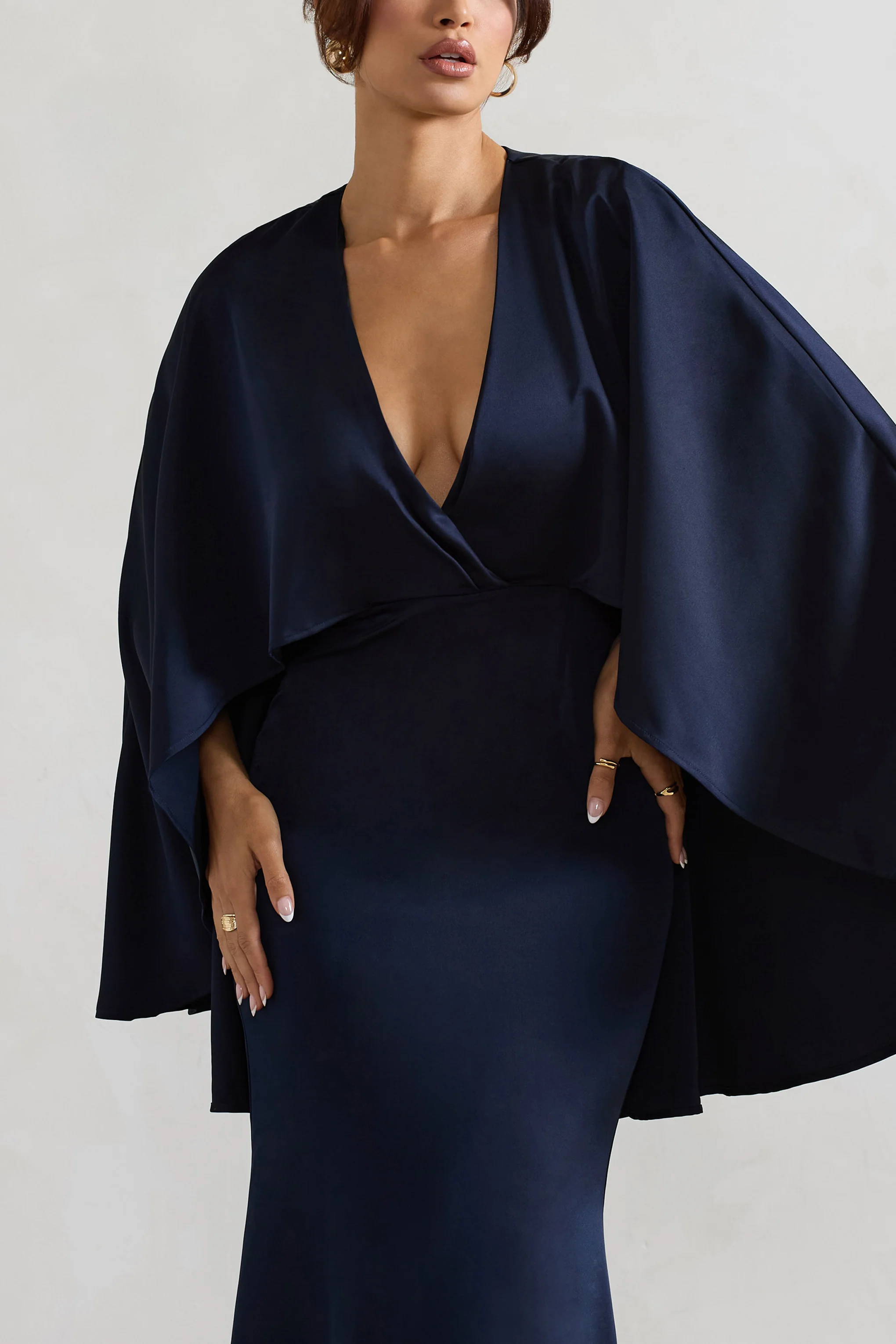 Yasie | Navy Satin Plunge-Neck Maxi Dress With Cape Sleeves - Image 3