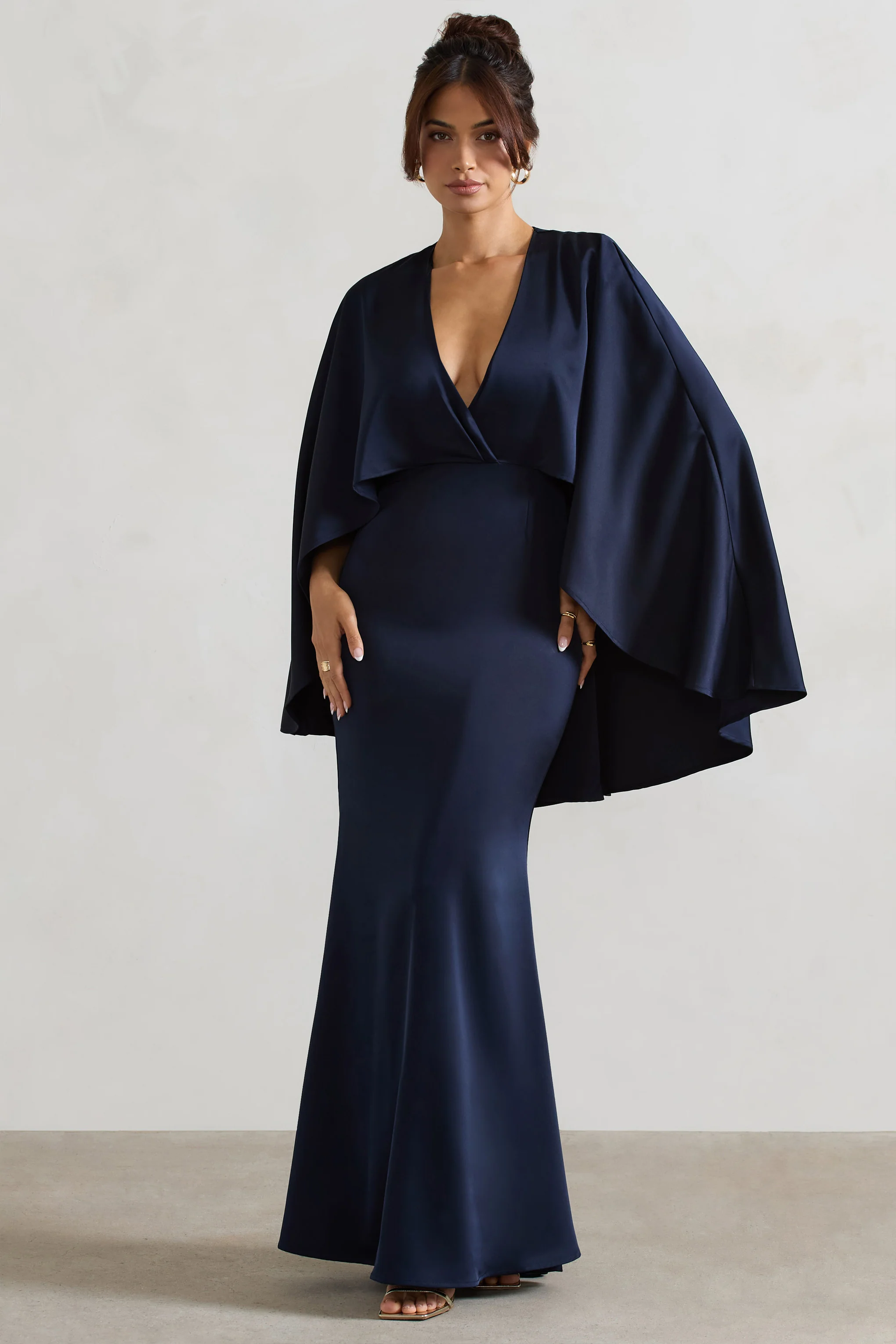 Yasie | Navy Satin Plunge-Neck Maxi Dress With Cape Sleeves - Image 5